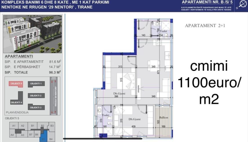OKAZION, Apartament per shitje 2+1,1100€/m2