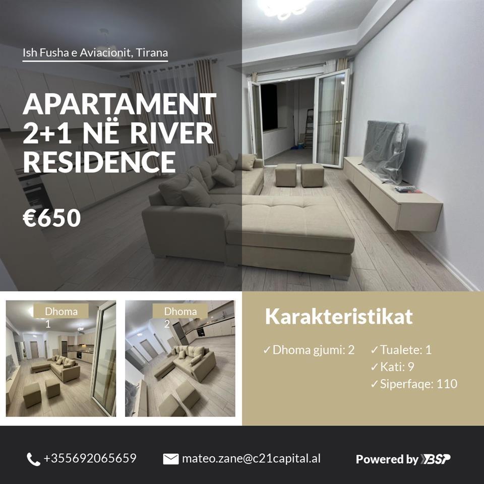 Apartament 2+1 për qira në River Residence